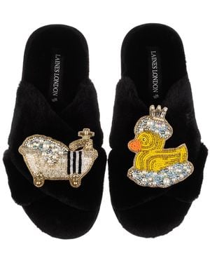Laines London Classic Laines Slippers With Rubber Duck Bath Queen Brooches - Black