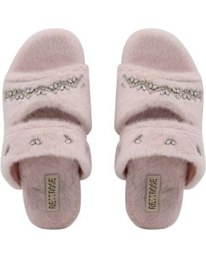 Rettrose Abbie Dusky Luxury Plush Diamanté Embellished Handmade Slipper - Natural