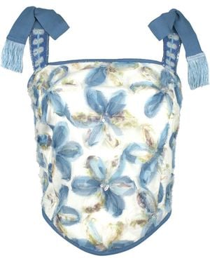 Lalipop Design Flower Applique Crop Top With Tieable Straps - Blue