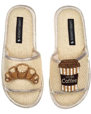 Laines London Straw Braided Sandals With Coffee & Croissant Brooches - Metallic
