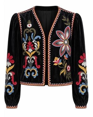 Traffic People Folklore Velvet Floral Embroidered Blazer Jacket - Black