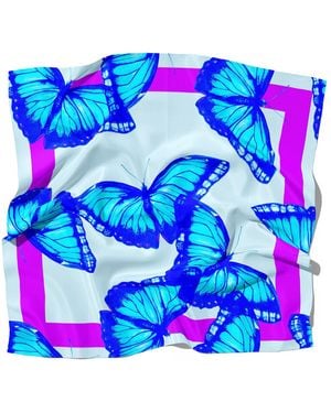 J6R6 Azure Butterfly Square Silk Scarf Bandana Sized - Blue