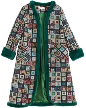 Louche Delphia Seventies Patch Jacquard Fur Trim Coat – Multicoloured - Green