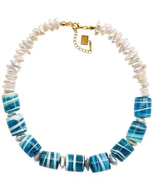 Sunset Magic Studio Pearl Detailed Handmade Murano Glass Necklace - Blue
