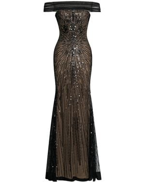 Miss Circle New York Qeturah Embroidered Sequin Off Shoulder Mesh Gown - Black