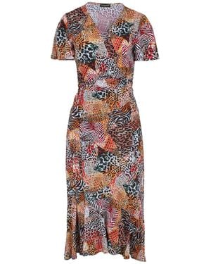 Conquista Animal Print Ruffle Detail Wrap Dress - Orange