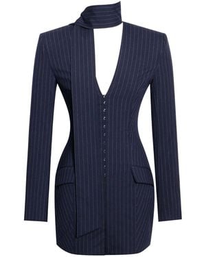 Miss Circle New York Tahlia Deep V Pinstripes Blazer Dress With Scarf Collar - Blue