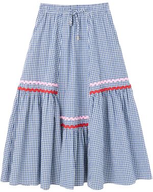 Louche Jill Gingham Ric Rac Trim Tiered Midi Skirt - Blue