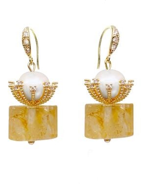 Farra Cylinder Shaped Citrine With Freshwater Pearl Dangle Earrings - Metallic