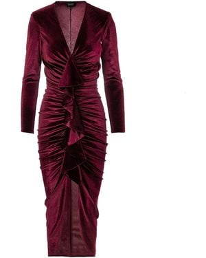BLUZAT Velvet Burgundy Midi Ruffle Dress - Red