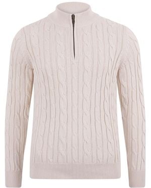 Paul James Knitwear Neutrals Midweight Romano Cotton Cable Zip Neck Jumper - Natural