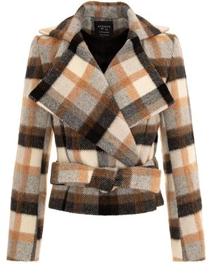 AVENUE No.29 Neutrals Checked Wool Double Breasted Wide Lapel Jacket With Belt - Multicolour