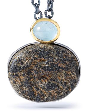 German Kabirski Lilitu Sterling Pendant With Ancient Near Eastern Steatite Zoomorphic Amulet & Natural Aquamarine - Metallic