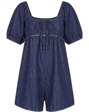 Modenaire Puff Sleeve Romper Sculpted Waist - Blue