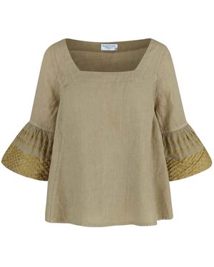 Haris Cotton Linen Blouse With Embroidered Panels-Beach Sand - Green