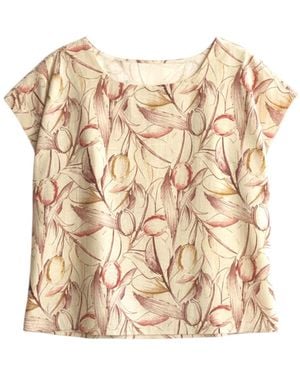 Stovaria Floral Print Cotton-Silk Boat Neck Blouse – Elegant Everyday Wear - Natural