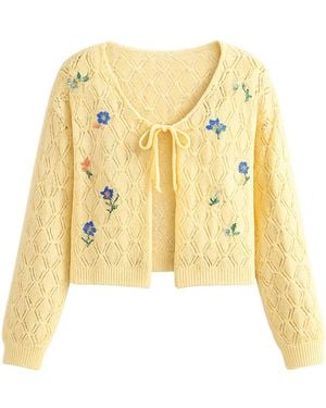 Yumi' Butter Embroidered Pointelle Cardigan - Yellow