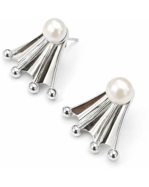Pearl Code Paw Crown Pearl Stud Earrings, Architectural Design - Metallic
