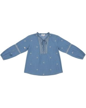 LAtelier London Embroidered Tie-Neck Denim Blouse - Blue