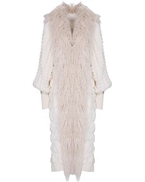 The Extreme Collection Neutrals Ivory Long Hair Cardigan With Jacquard Detail And Fluid Silhouette Gustave - White