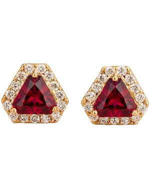 Juvetti Diana Ruby Triangle Cut & Diamond Halo Stud Earrings - Red