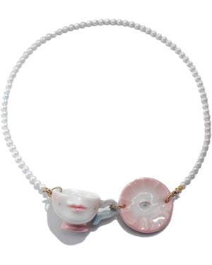 H2 Studio The Cup Theater Mini Porcelain Cup & Plate Mini Crystal Pearl Necklace - Metallic