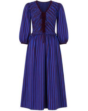 Rose & Nancy Isla Hand Smocked And Burgundy Stripe Midi Dress - Blue