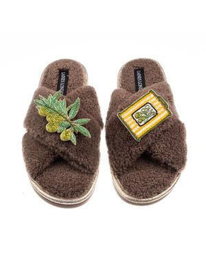 Laines London Neutrals Laines Neutral Boucle Slippers With Olives & Oil Brooches - Brown