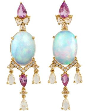 Artisan 18k Gold With Opal Ethiopian & Pink Sapphire Diamond Earrings - Blue