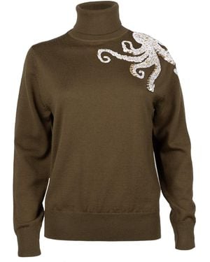 House of Laines London Neutrals Laines Couture Wrap Octopus Hand Embellished Knitted Roll Neck - Green