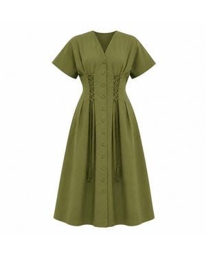 Exquise Andree V Neck Tie Waist Pocket Midi Dress - Green