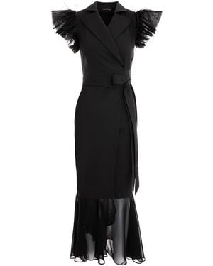 concept A trois Long Blazer Wrap Dress With Tulle And Soft Veil - Black