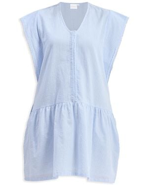 REISTOR Oversized V Neck Short Dress With Frayed Sleeves - Blue