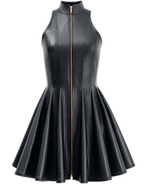 Kargede Faux Leather Mini Dress – High-Neck Zip-Front Fit-And-Flare - Black