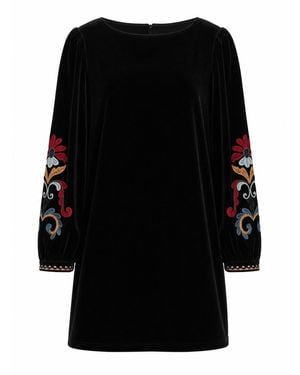 Traffic People Folklore Velvet Long Sleeve Embellished Shift Mini Dress - Black