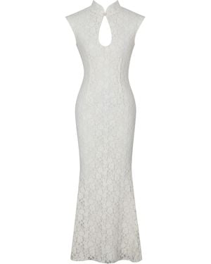 Miss Circle New York Garcelle Cream Brushed Lace Keyhole Mermaid Midi Dress - White