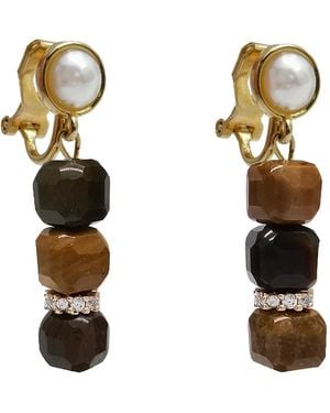 Farra Cube Tiger Eye Clip-On Earrings - Metallic