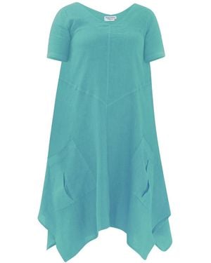 Haris Cotton Solid Asymmetrical Hem Linen Dress With Front Pockets Crystal - Blue