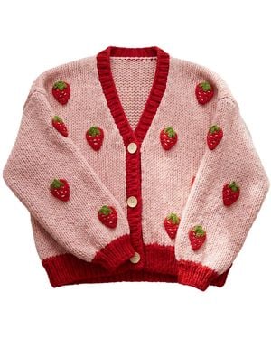 Ana Chic Trim Strawberry Handmade Knitted Cardigan - Red