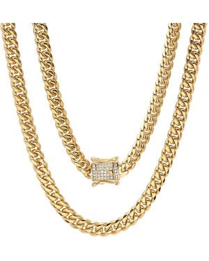 Steeltime Stainless Steel 8Mm 18K Plated Miami Cuban Necklace Chain With Cz Box Clasp 24 Inch - Metallic
