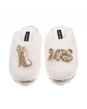 Laines London Neutrals Teddy Closed Toe Slippers With Mrs & Wedding Heel Brooches - White