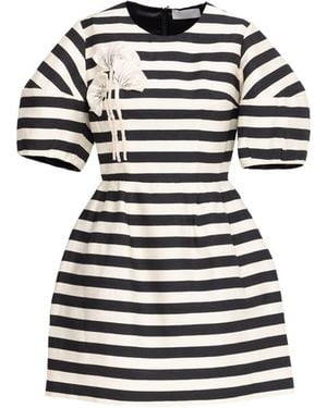 Georgette Ivory Striped Mini Dress With Floral Detail - Black