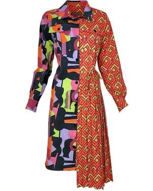 Lalipop Design Geometric Colour Block Cotton Shirt Dress - Red