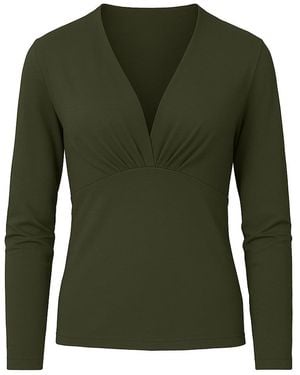 Conquista Viscose Elastane Jersey Top – Long Sleeve, Deep V-Neck- Dark Khaki - Green