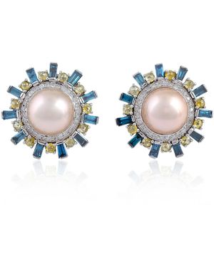 Artisan Pave Diamond Stud Earrings With Pearl Center – Fine Jewelry - Blue