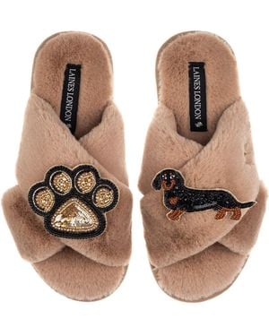 Laines London Neutrals Classic Laines Slippers With Paw & & Tan Dachshund Brooches - Brown