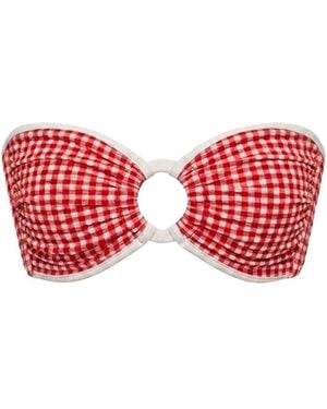 Montce Micro Gingham Binded Tori Ties Bandeau Bikini Top - Red