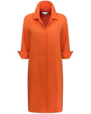 Perlavera Christy Solid Cotton Satin Three Quarter Sleeve Length Gathered Back Midi Dress - Orange