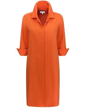 Perlavera Christy Solid Cotton Satin Three Quarter Sleeve Length Gathered Back Midi Dress - Orange