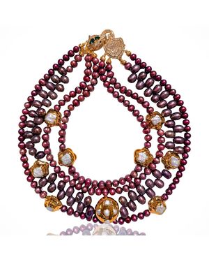 Edgar Navarro Jewelry Navarro Four Layer Fresh Water Pearl Necklace With Jaguar Clasp - Red